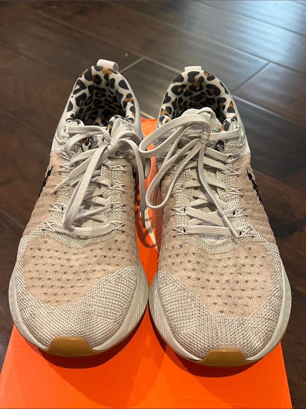 Nike Women’s Light Beige Knit Running Sneakers with Leopard Lining